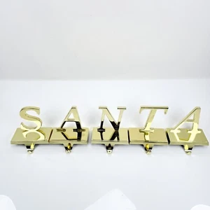 Vintage Gold Brass SANTA Letters Mantel Hook Stocking Holder Hanger 5 pc Set - Picture 1 of 19