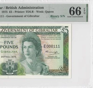 1975 GOVERNMENT OF GIBRALTAR QEII £5 ~X-RARE~ Binary **000111** (( PMG 66 EPQ )) - Picture 1 of 4