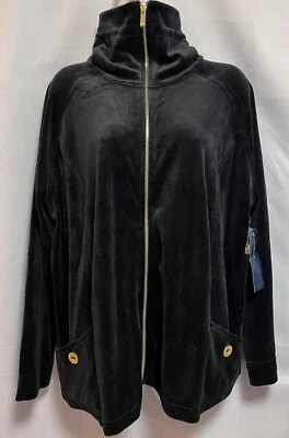 JONES NEW YORK Black Velour Full Zip Track Jacket Plus Sz 2X Gold Detail NWT - Image 1 of 4