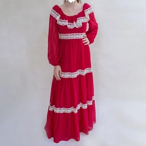 Vtg 70s Maxi Dress Small Cottagecore Ruffle Lace Burgundy Cosplay Tiered Costume - Picture 1 of 9