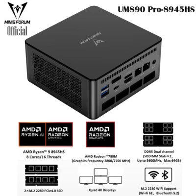 Minisforum UM890 Pro Mini PC AMD Ryzen 9 8945HS Processor Gaming PC Barebone - Image 1 of 4