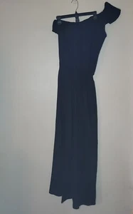 What's Hot Linen Jumpsuit Womens Large Black One Shoulder Side Zip Flounce Top - Picture 1 of 11