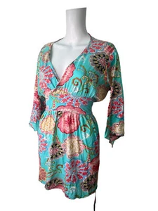 UTTAM LONDON Wrap Dress Size Medium Turquoise Mix Cotton Mini Tie Womens EU40 - Picture 1 of 9