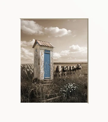 "Blue Beige Vintage Outhouse Matted Art Print –Cows Rustic Country Landscape - Image 1 of 4