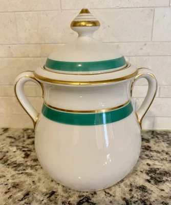 Antique Sugar Bowl with Lid Old Paris Style Green Turquoise Gold White Handles - Image 1 of 4