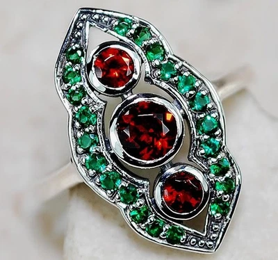 Anillo de filigrana de plata de ley 925 granate de fuego natural y esmeralda de 1 quilate talla 6,7,8 US1 Foto 1 de 2