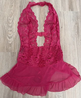 FREDERICK'S OF HOLLYWOOD розовый винтажный кружевной с бретелью через шею плюшевый боди размер M Barbiecore - Изображение 1 из 4