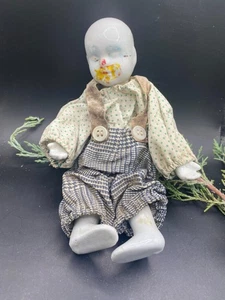 Antique, porcelain boy doll, old handmade distressed clothes - 8" - Picture 1 of 8