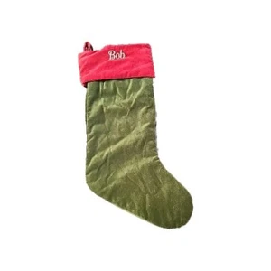 Pottery Barn "Bob" Personalized Christmas Stocking Velvet Green Red Embroidered - Picture 1 of 6