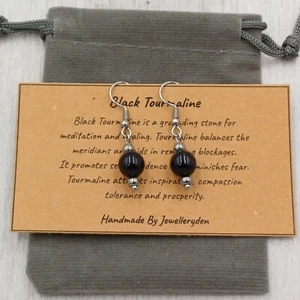 Handmade Black Tourmaline Crystal Healing Gemstone Chakra 8mm Bead Hook Earrings - Picture 1 of 3