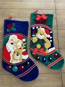 Lot 2 Christmas Stockings Velvet Felt Patchwork Layer Reindeer Santa Bear 17.5" - Picture 1 of 13