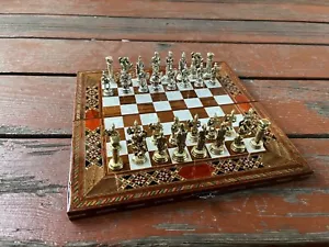 Walnut Color Folding Chessboard - Metal Chess Pieces - Handmade Chess Game Set - Picture 1 of 9
