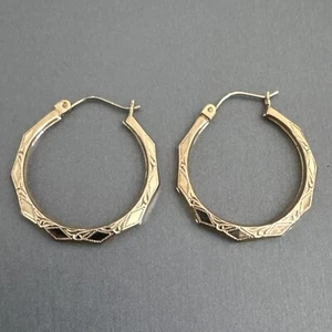 Vintage ZZ 14k Yellow Gold Engraved Design Hoop Earrings - Picture 1 of 8