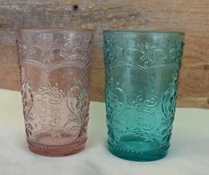Pioneer Woman Amelia 15oz Drinking Glasses Tumblers 1 Pink 1 Turquoise Embossed - Picture 1 of 13