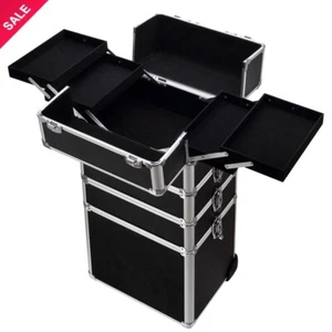 4-in-1 Draw-bar Style Aluminum Rolling Makeup Case Cosmetic Train Case Black - Picture 1 of 6