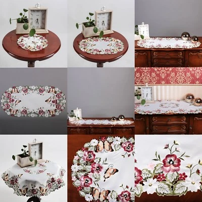 Stickerei, Tischdecke, Tischläufer, Mitteldecke Schmetterling Blume weiß Bordo - Bild 1 von 4