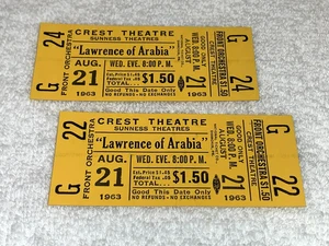 LAWRENCE OF ARABIA 2 ENTRADAS DE TEATRO CRESTA ORIGINALES 1963 SIN USAR Peter O'Toole EE. UU. - Imagen 1 de 4