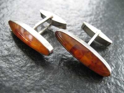 Manschettenknöpfe Silber 835 Fischland Schmuck Vintage mit Bernstein sehr groß - Bild 1 von 4