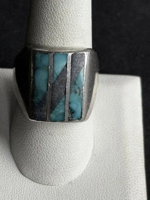 ANILLO DE SELLO CON INCRUSTACIONES DE TURQUESA Y ÓNIX DE PLATA DE LEY 925 HECHO A MANO PARA HOMBRE TALLA 9,5 Foto 1 de 4