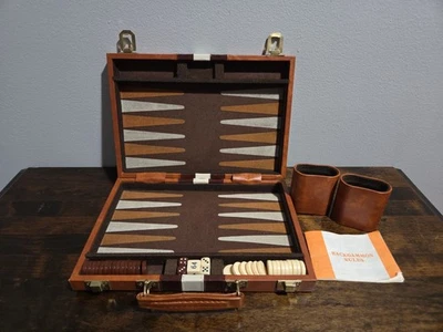 Vintage Brown Faux Leather Mini Travel Backgammon With Case Complete  - Image 1 of 4