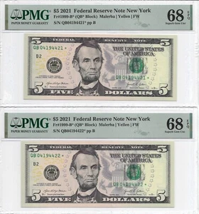 2021 $5 NEW YORK *STAR* ⭐️ FRNs. 2 PMG SUPERB GEM Uncirculated 68 EPQ Banknotes. - Picture 1 of 2