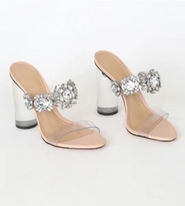 NWOB SCHUTZ Blanck Vinyl and Light Nude Leather Rhinestone High Heel Sandals 7B - Picture 1 of 12