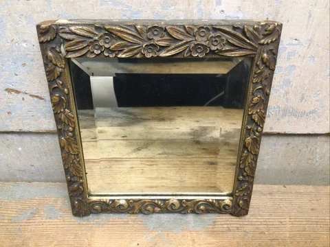 Antique Square Beveled Glass Mirror Ornate Gilded Gesso Wood Frame Cover