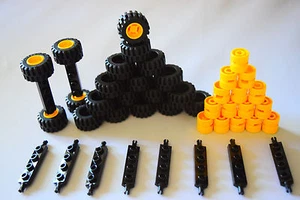 ☀️NEW LEGO Car Parts 20 BLACK Tires Yellow Rims 10 Black Axles - Picture 1 of 6