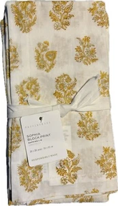 NEU Pottery Barn Set 4 Sophia Blumenmuster Blockdruck Stoff Baumwolle Servietten gelb Neu mit Etikett - Bild 1 von 8