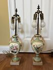 Pair Antique English Hand Painted Porcelain Urn Form Lamps Marble Bases