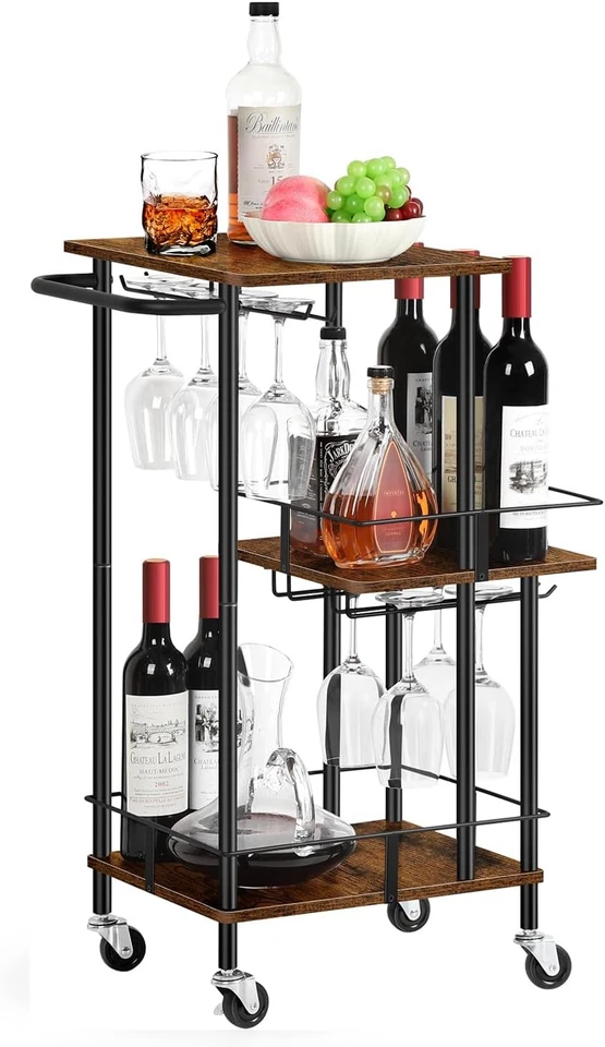 Carro para servir bar en casa de 3 niveles estante para botellas de vino soporte para vidrio carrito para bebidas Foto 1 de 4