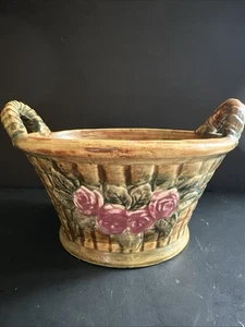 Weller Flemish 1920s Antique Art Pottery Ceramic Basket Floral Brown Green 9x5.5 - Picture 1 of 16