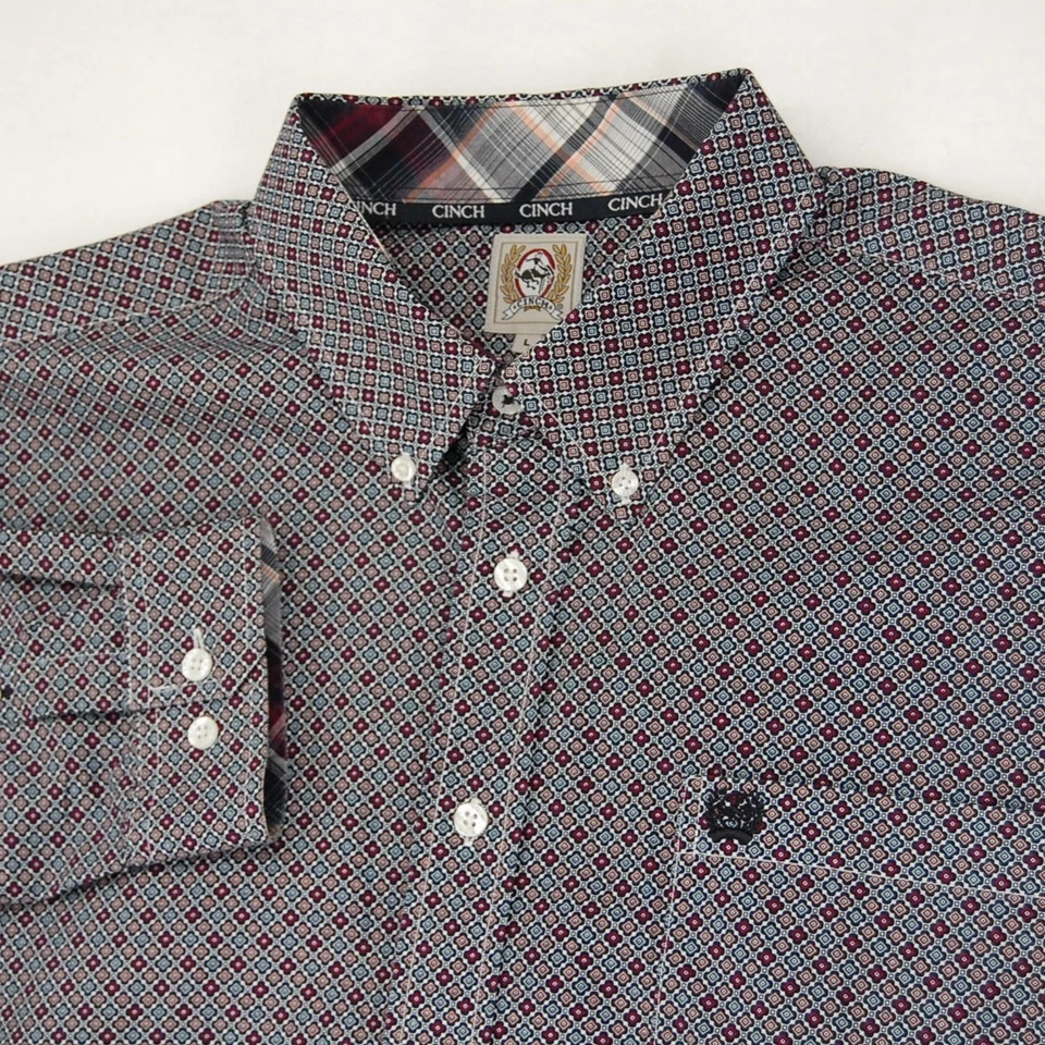 Camisa Cinch Para Hombre Grande Azul Rojo Estampado Geométrico Abotonada Western Manga Larga Foto 1 de 4