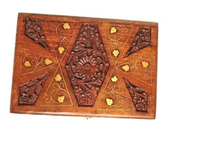 5" X 8" Brass Inlay Leaf Design Carved Decorative Velvet Lined Hinge Wooden Box - Picture 1 of 5