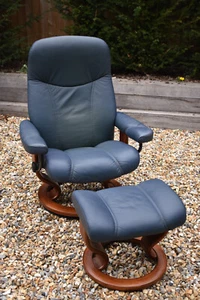 Ekornes Stressless Consul Navy Blue Leather Swivel Chair / Armchair & Foot Stool - Picture 1 of 22