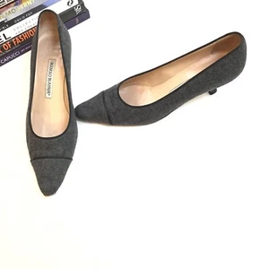 Manolo Blahnik Heels 38.5 Gray Wool Black Kitten Pump Women’s Career 8.5 - Picture 1 of 10