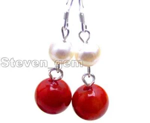6mm Red natural Round Coral Earring for Women 6-7mm Natural Pearl Dangle Earring - Picture 1 of 8