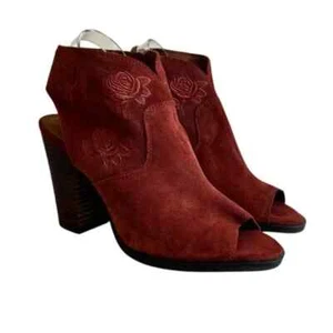 Lucky Brand Booties Size 10 LISTANA Suede Floral Embroidered Open Toe Sling Back - Picture 1 of 9