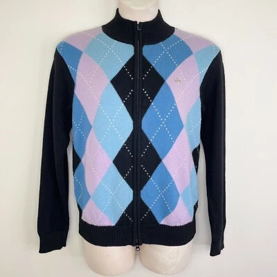 Lacoste zip up sweater size 3 (Small) argyle pattern black pink blue wool knit - image 1 of 4