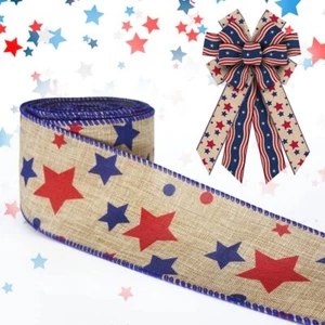 Patriotic Wired Edge Ribbons 2.5" 10 Yards Veterans Day Linen Red Blue Wired ... - Picture 1 of 7