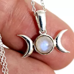 Triple Moon Necklace Pendant Small Moonstone Gemstone 925 Silver 18" Chain Boxed - Picture 1 of 11
