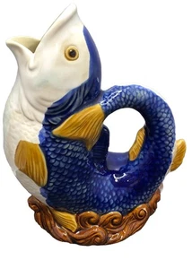 Vintage Gurgle Fish Stoneware Pitcher Jug Vase Blue & White Fish - Picture 1 of 21