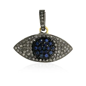Blue Sapphire Evil Eye Pendant with Diamond Pave Accents Oxidized Silver Charm - Picture 1 of 7