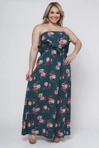 Womens Plus Size Green Floral Maxi Dress 3X Strapless Ruffled Neckline - Picture 1 of 3