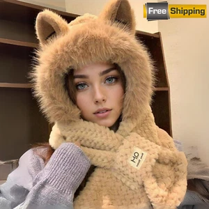 Invierno Cálido Bufanda con Capucha Esponjosa Felpa Calentador de Cuello con Lindas Orejas de Dibujos Animados - Imagen 1 de 10