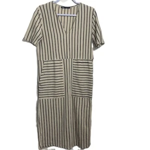 Zara Ladies Dress Medium Beige Black Stripes Pullover Short Sleeves V Neck Midi - Picture 1 of 9