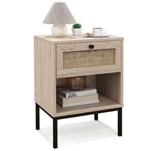 Rattan Nightstand Boho End Table with Rattan Drawer & Open Shelf-Oak - Color: Oa - Picture 1 of 5