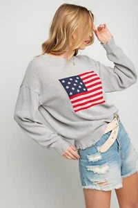 EASEL CLOTHING HEATHER GRAY AMERICANA WOVEN KNIT DISTRESSED SWEATER SIZE LARGE - Picture 1 of 6