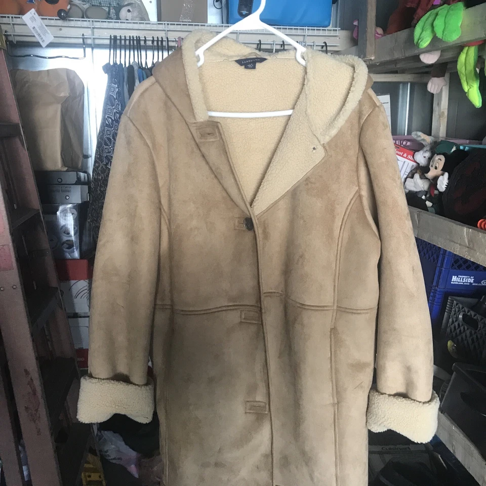Lands End womens suede XL Hooded Coat Tan Color - Image 1 of 4