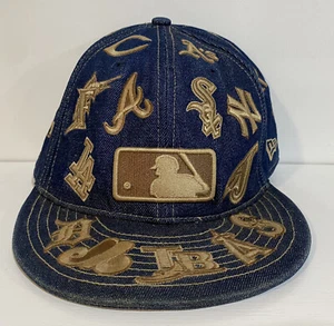 New Era Denim AOP MLB Baseball Patches Teams Fitted Hat Size 7 3/8 - 58.7 CM - Picture 1 of 7